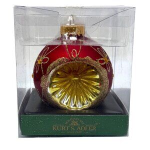 Kurt S. Adler Red Gold Glass Christmas Ornament Floral Glitter indent Reflector